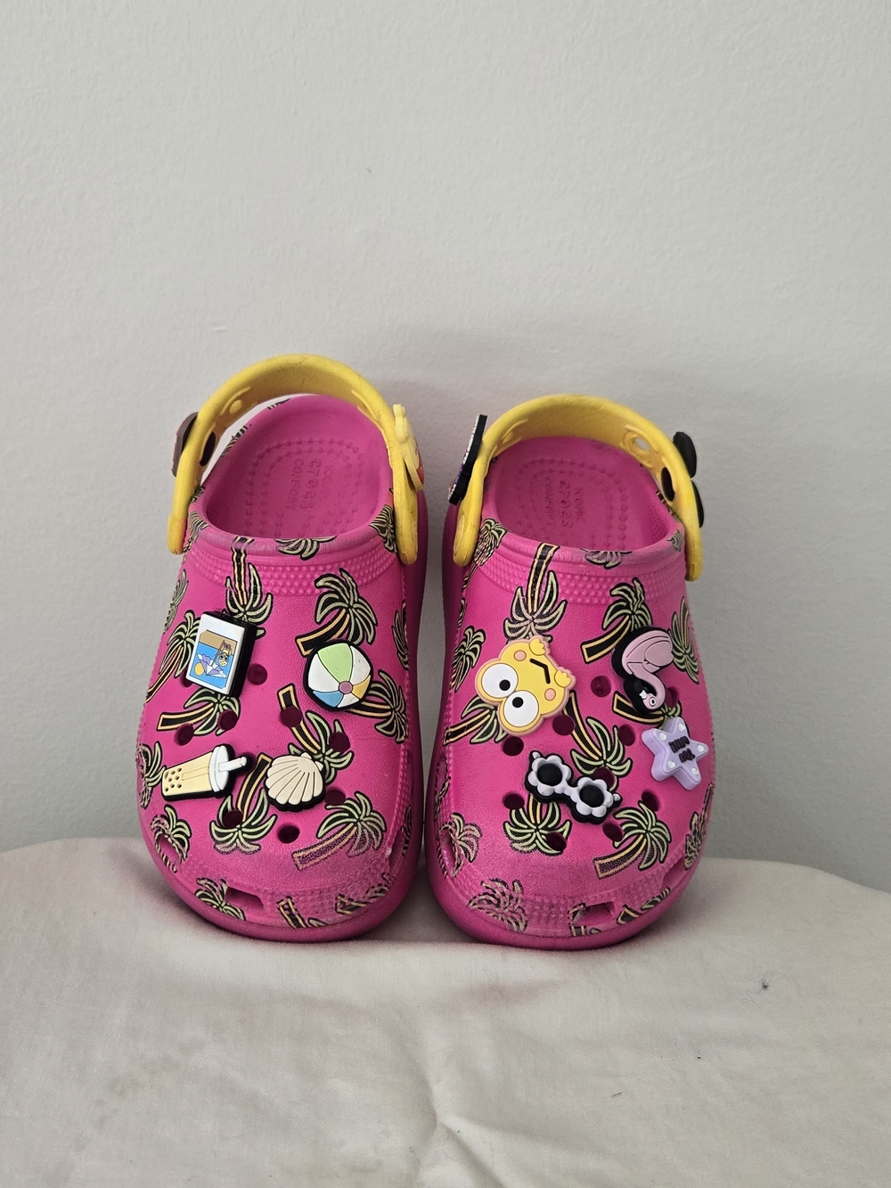 Girls Platform Pink Crocs Shoes with Yellow Strap